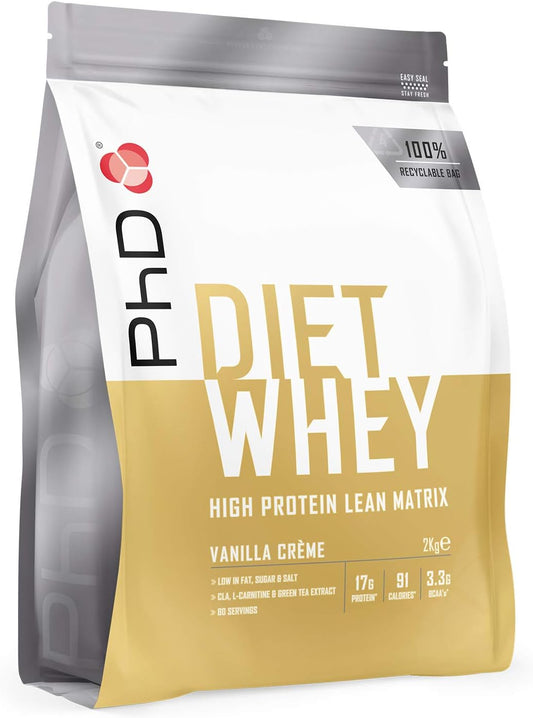 Phd Diet Whey protein powder , Low sugar/ Fat, High Protein with added CLA, L-Carnitine and Green Tea Extract, High in BCAA’s, 100% Recyclable packaging,  2Kg